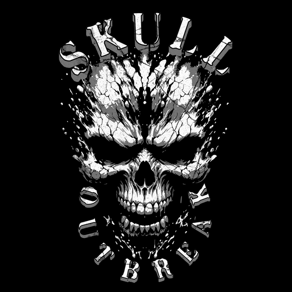 Black and white graphic of a stylized skull with 'SKULL OUTBREAK' text on a black background